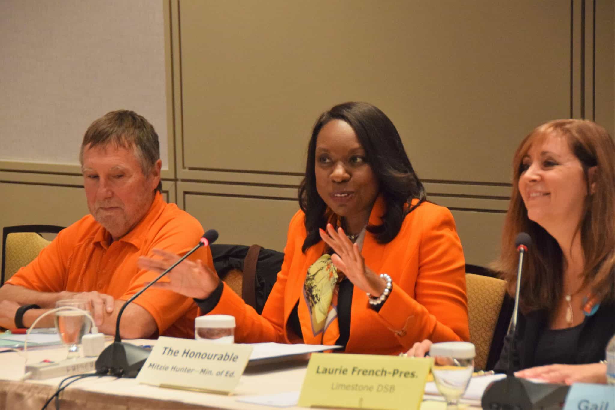 Minister Mitzie Hunter at OPSBA Board of Directors on Sept. 30, flanked by President Laurie French & 1stVP Jerry Chadwick.