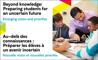 A web banner with the title of the discussion paper in English and French. An image shows a teacher assisting two students.